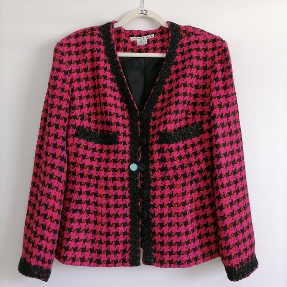 Geary Roark Womens Pink Houndstooth Print Silk Jacket Skirt Set Outfits Size 14 - Picture 2 of 12